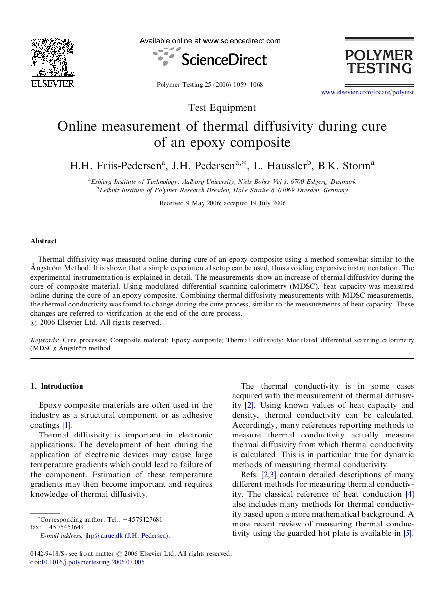 Test EquipmentOnline measurement of thermal diffusivity during cure of an epoxy composite