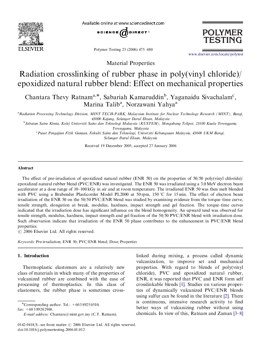 Radiation crosslinking of rubber phase in poly(vinyl chloride)/epoxidized natural rubber blend: Effect on mechanical properties