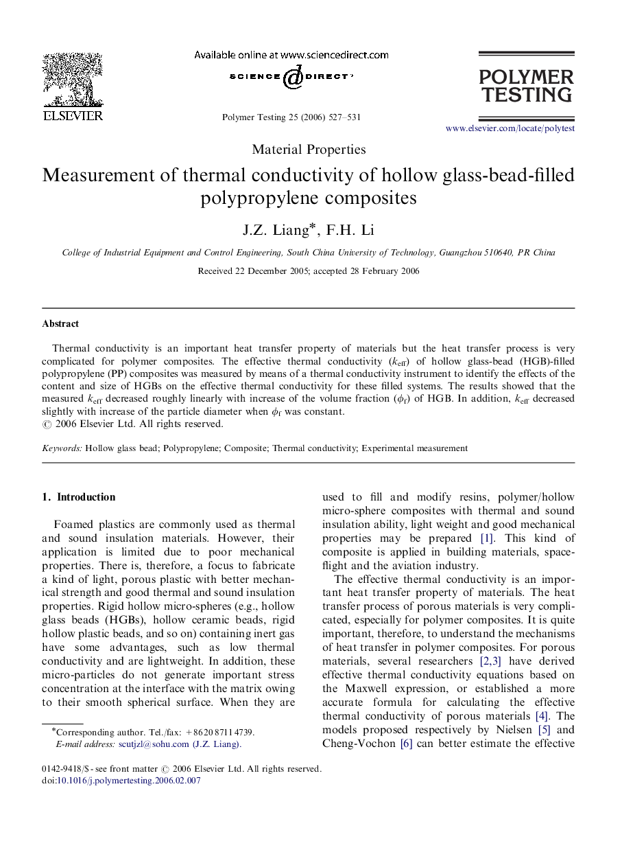 Measurement of thermal conductivity of hollow glass-bead-filled polypropylene composites