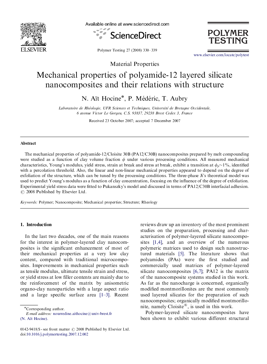 Mechanical properties of polyamide-12 layered silicate nanocomposites and their relations with structure