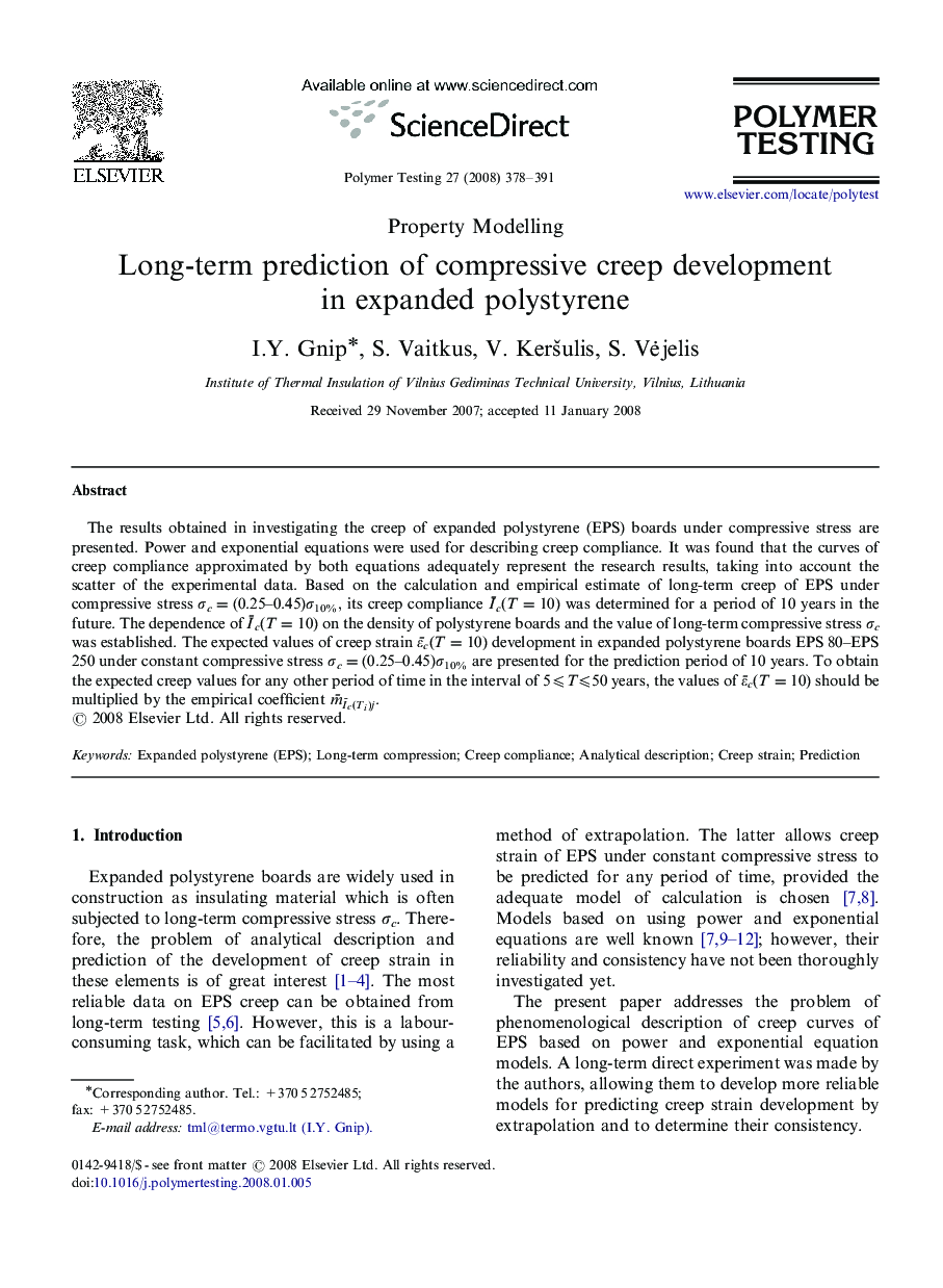 Long-term prediction of compressive creep development in expanded polystyrene