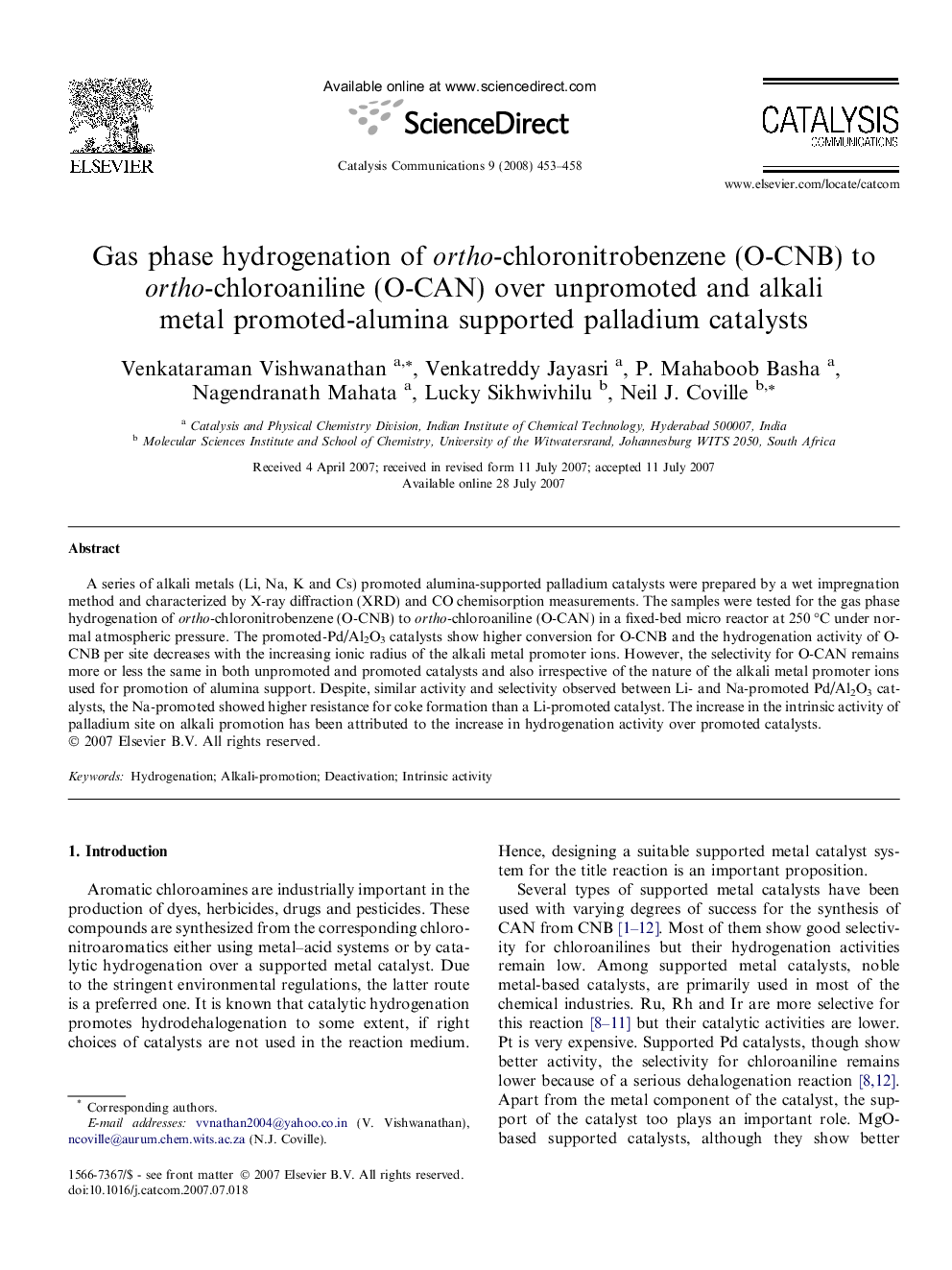 Gas phase hydrogenation of ortho-chloronitrobenzene (O-CNB) to ortho-chloroaniline (O-CAN) over unpromoted and alkali metal promoted-alumina supported palladium catalysts