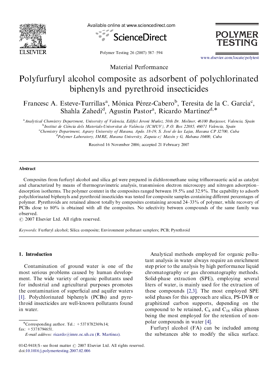 Polyfurfuryl alcohol composite as adsorbent of polychlorinated biphenyls and pyrethroid insecticides