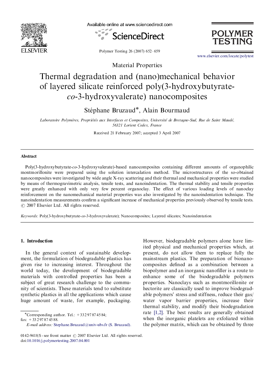 Material PropertiesThermal degradation and (nano)mechanical behavior of layered silicate reinforced poly(3-hydroxybutyrate-co-3-hydroxyvalerate) nanocomposites