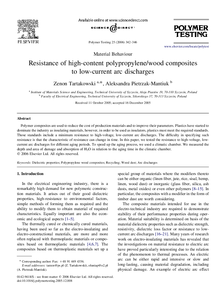 Resistance of high-content polypropylene/wood composites to low-current arc discharges