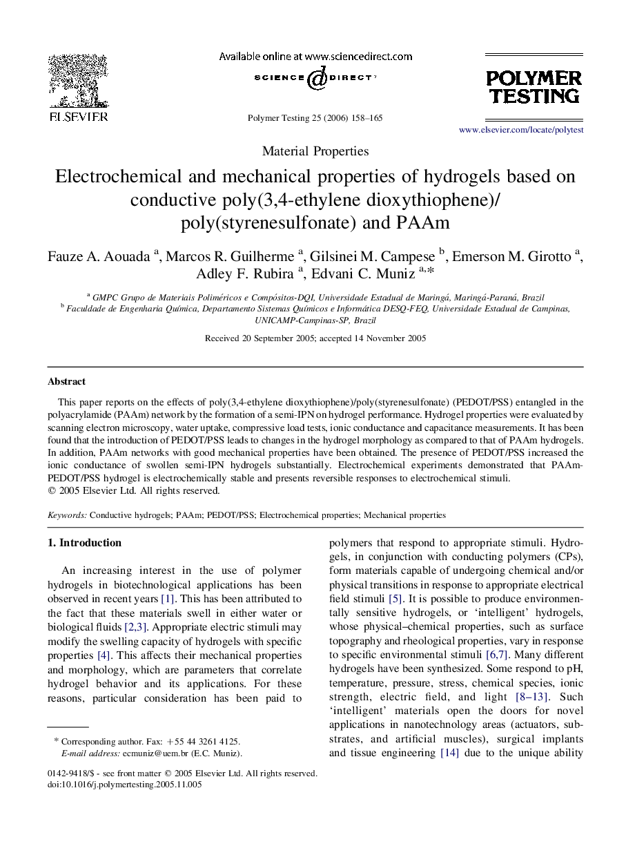 عکس صفحه اول مقاله: Electrochemical and mechanical properties of hydrogels based on conductive poly(3,4-ethylene dioxythiophene)/poly(styrenesulfonate) and PAAm Electrochemical and mechanical properties of hydrogels based on conductive poly(3,4-ethylene dioxythiophene)/poly(styrenesulfonate) and PAAm