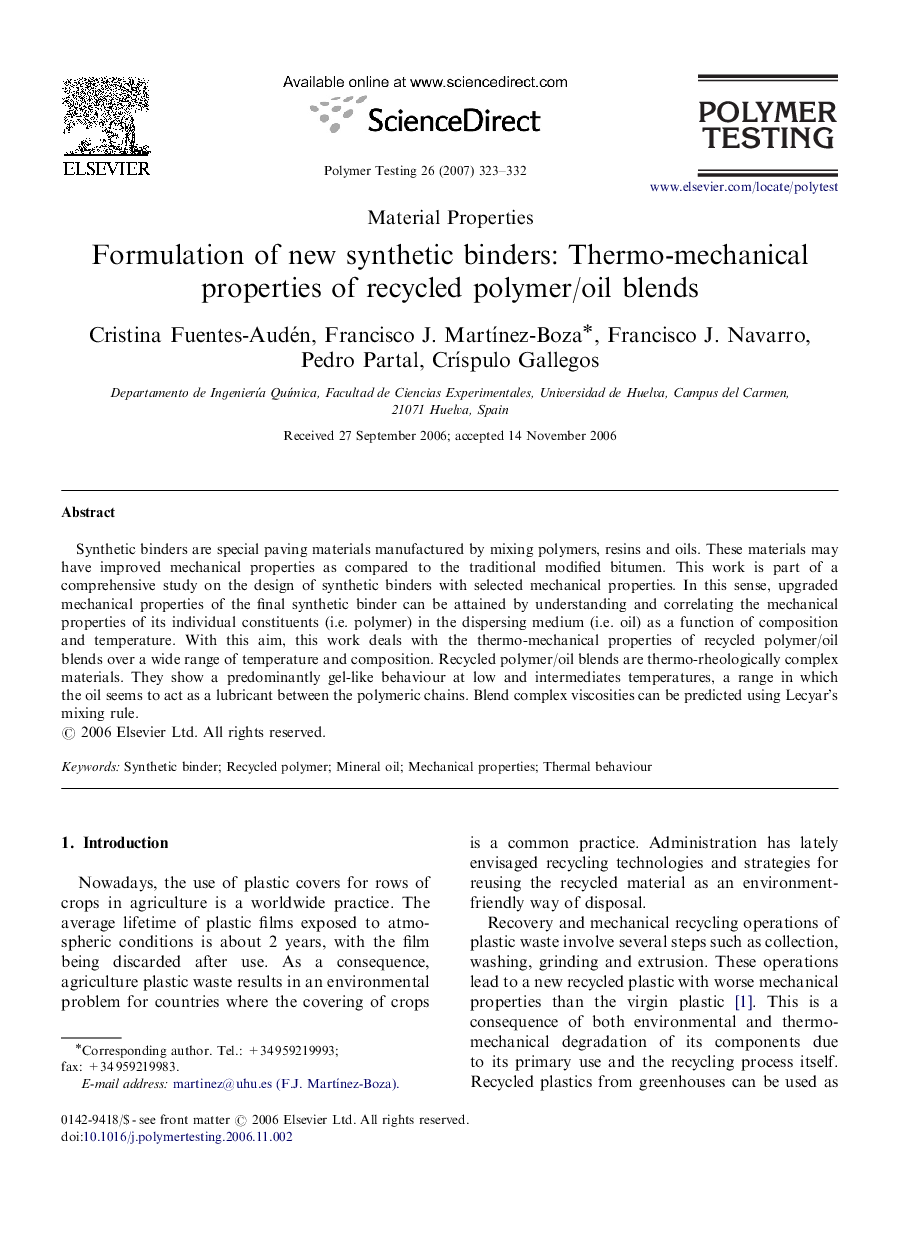 Formulation of new synthetic binders: Thermo-mechanical properties of recycled polymer/oil blends