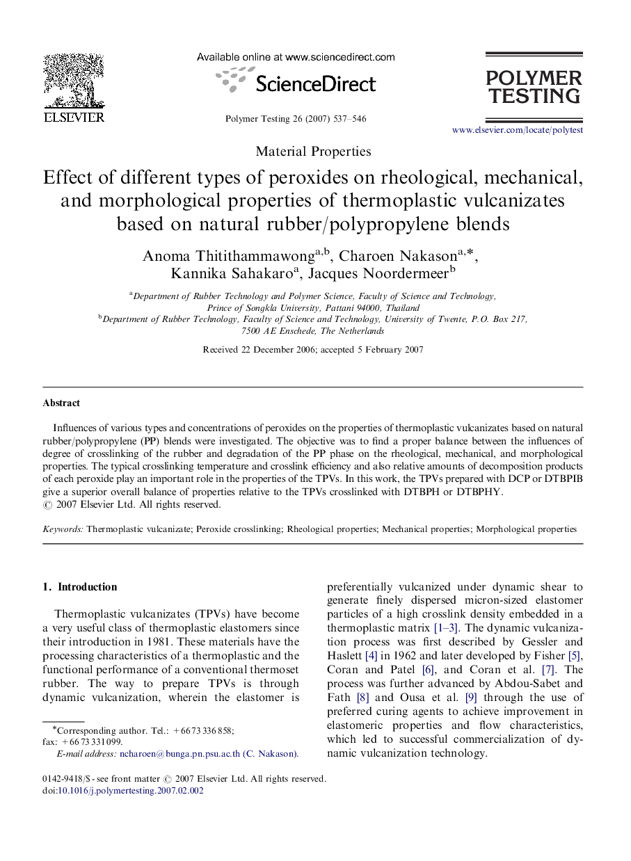 Effect of different types of peroxides on rheological, mechanical, and morphological properties of thermoplastic vulcanizates based on natural rubber/polypropylene blends