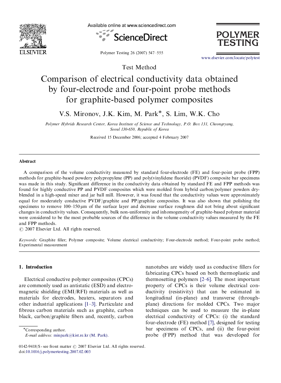 Test MethodComparison of electrical conductivity data obtained by four-electrode and four-point probe methods for graphite-based polymer composites