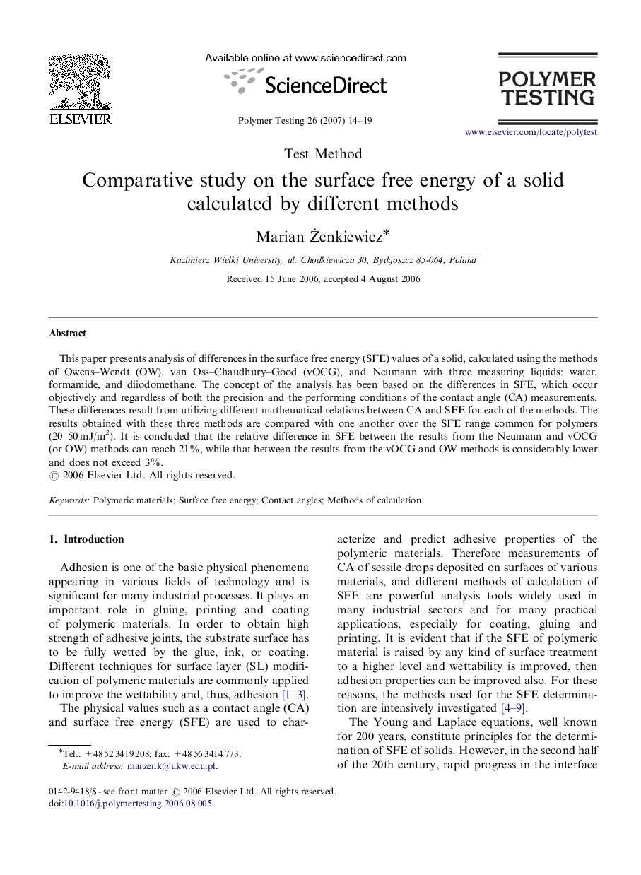 Comparative study on the surface free energy of a solid calculated by different methods