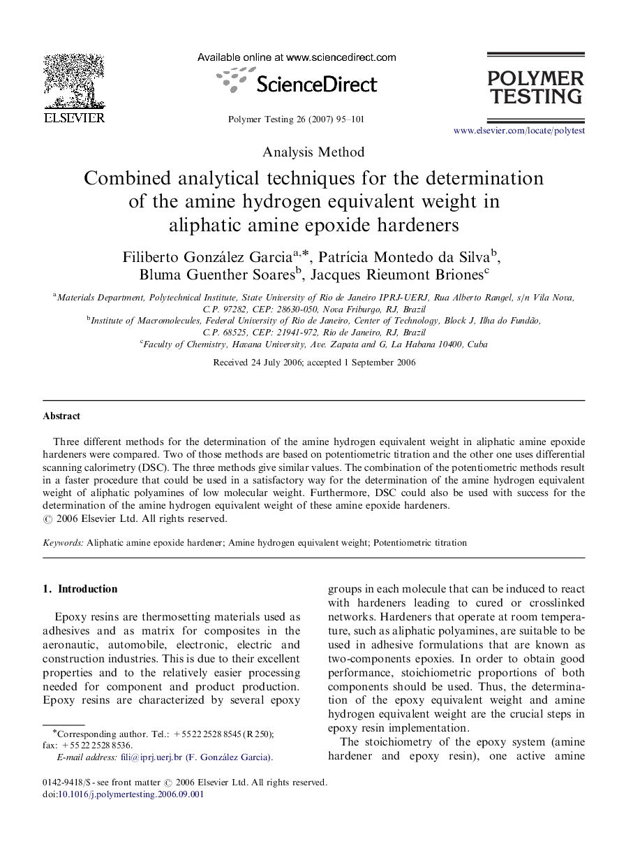 Analysis MethodCombined analytical techniques for the determination of the amine hydrogen equivalent weight in aliphatic amine epoxide hardeners