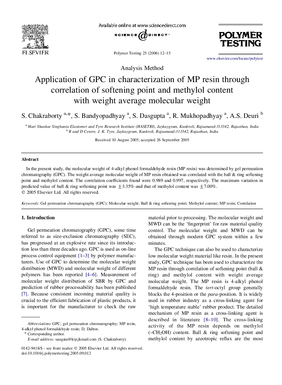 Application of GPC in characterization of MP resin through correlation of softening point and methylol content with weight average molecular weight