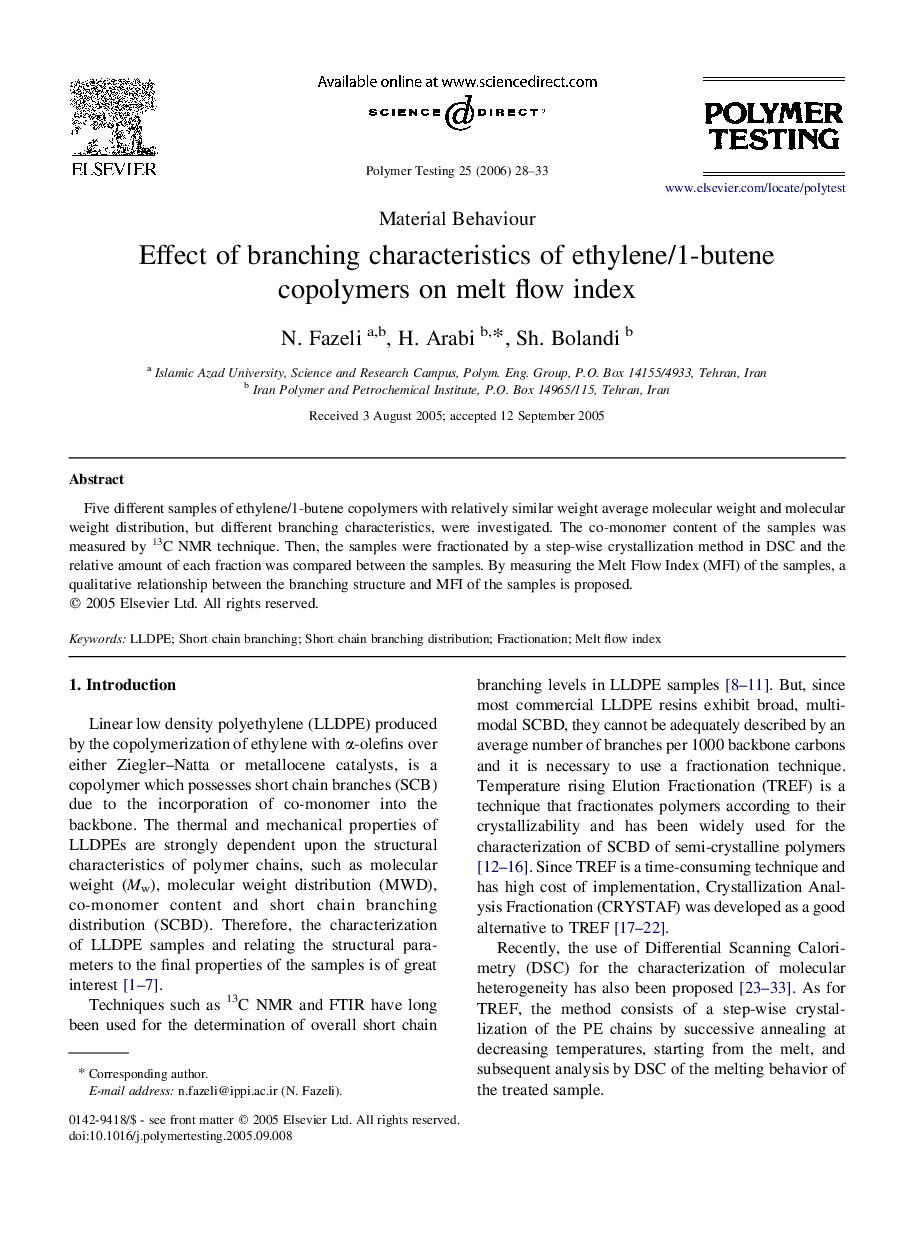 Material BehaviourEffect of branching characteristics of ethylene/1-butene copolymers on melt flow index