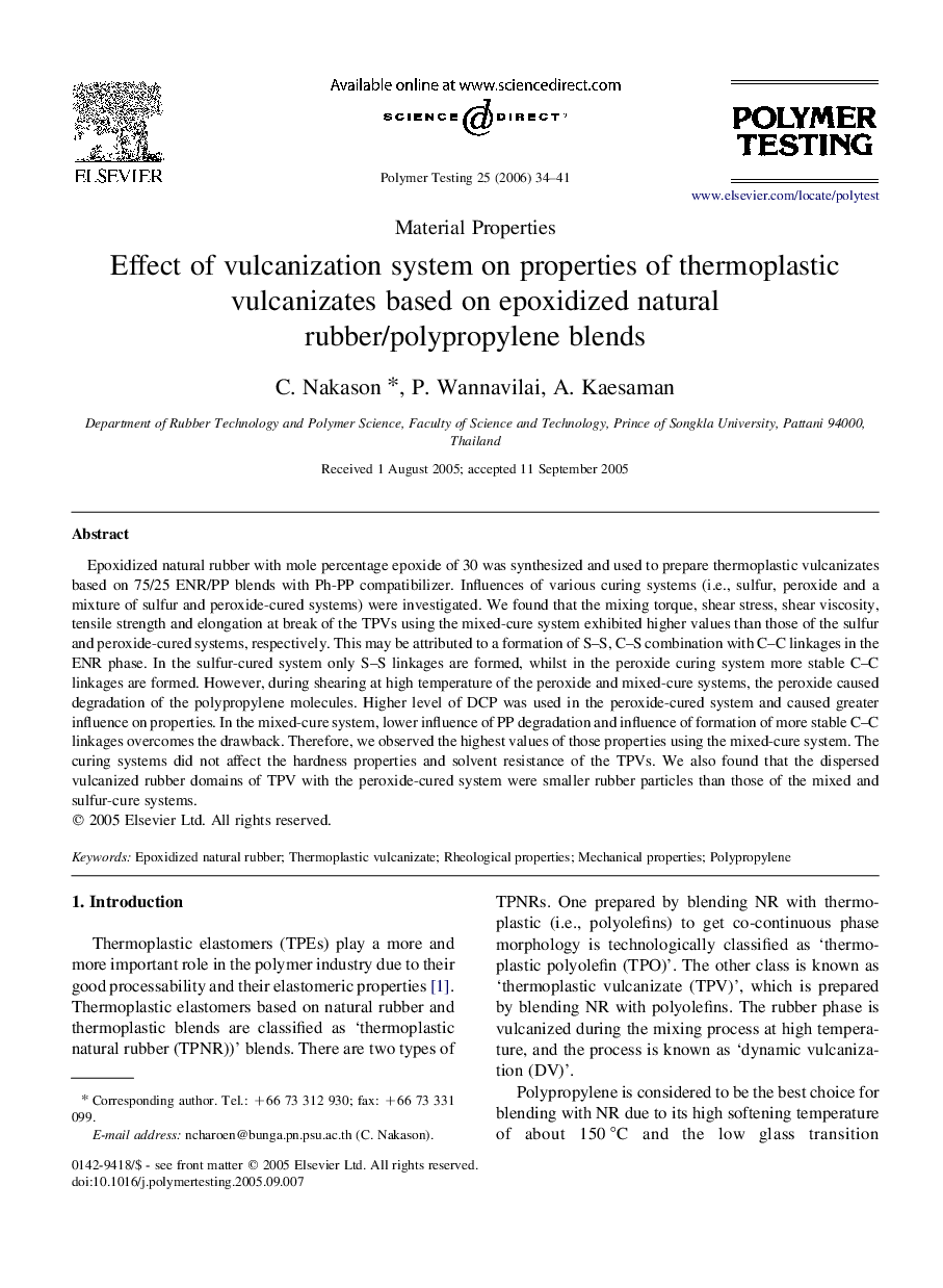 Effect of vulcanization system on properties of thermoplastic vulcanizates based on epoxidized natural rubber/polypropylene blends