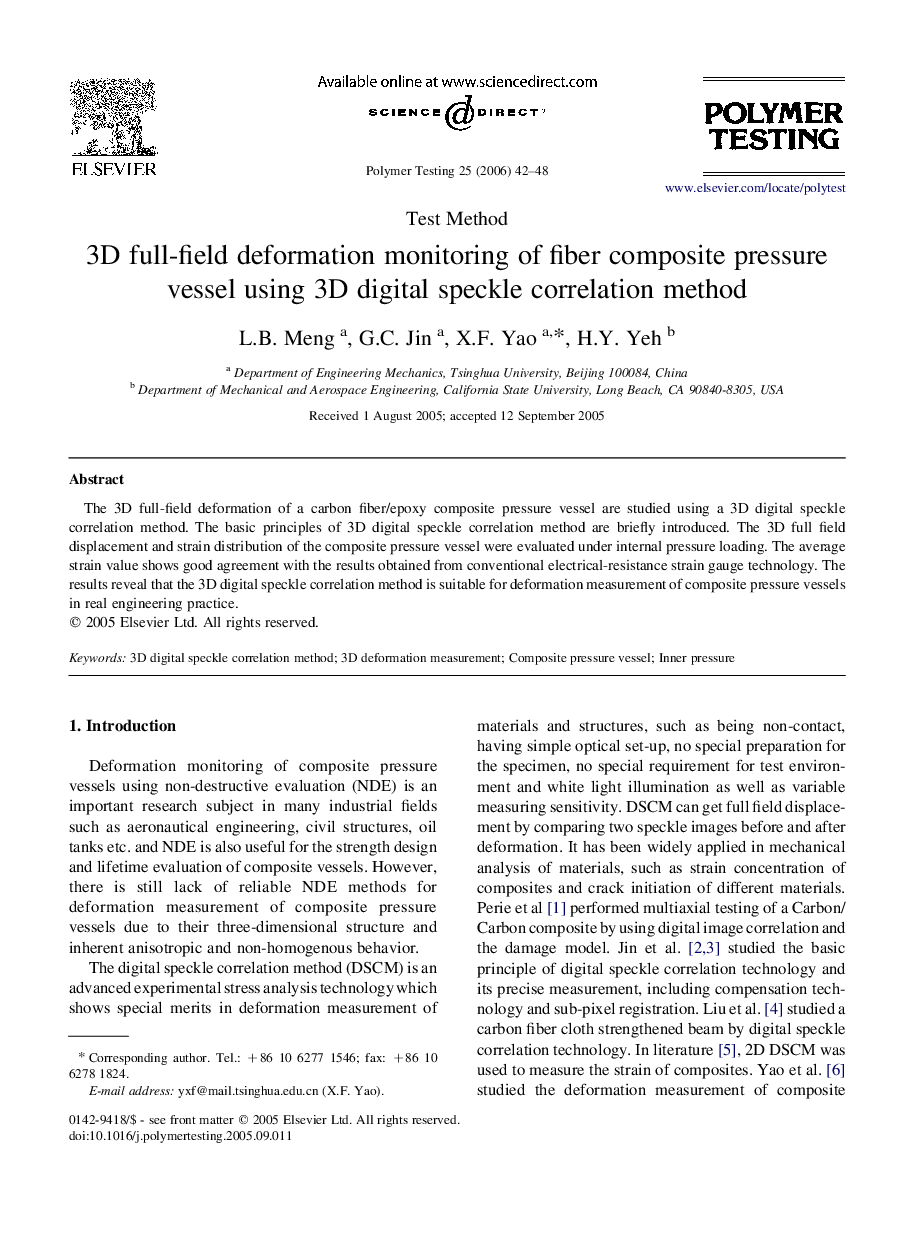 3D full-field deformation monitoring of fiber composite pressure vessel using 3D digital speckle correlation method