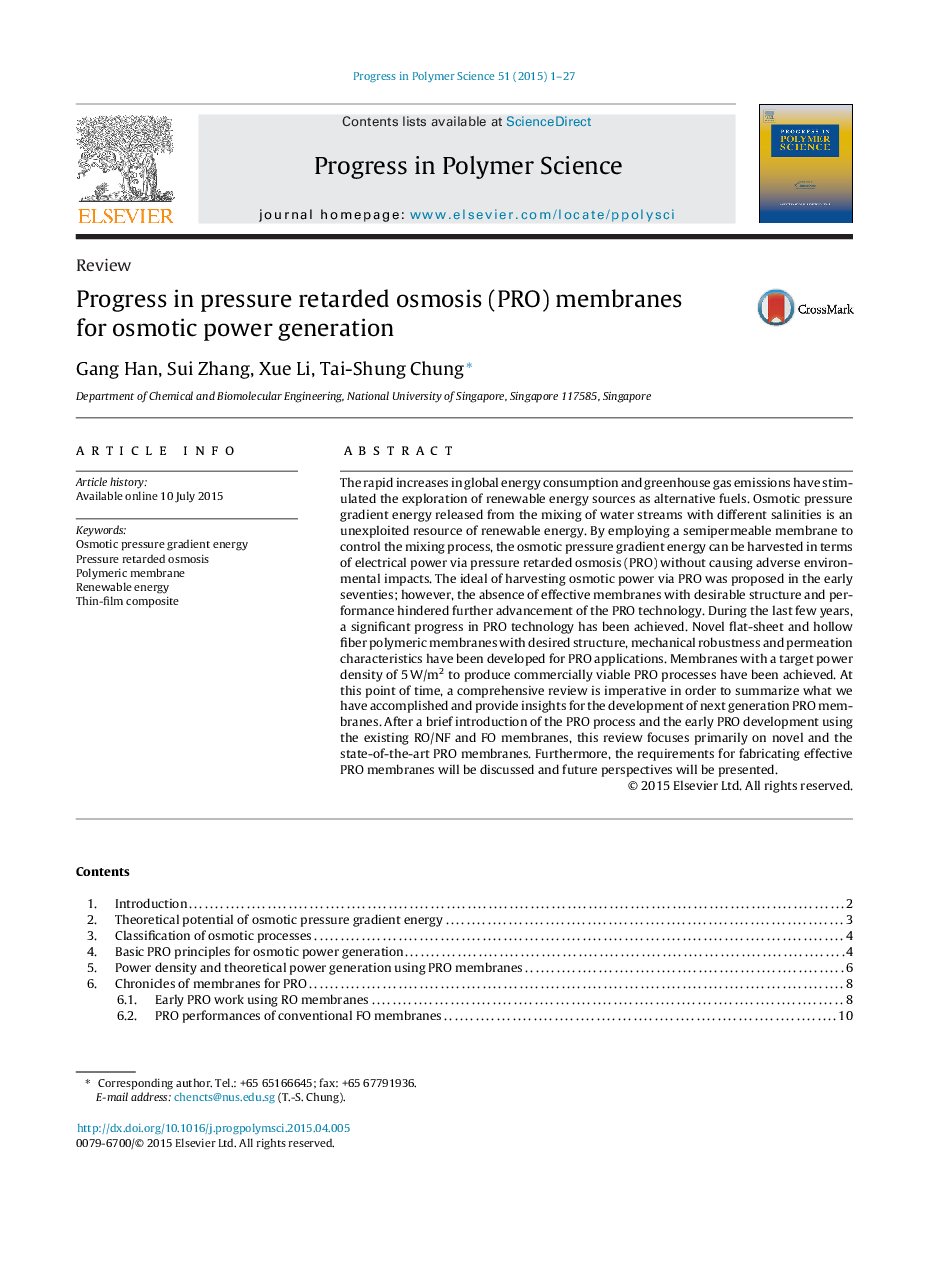 ReviewProgress in pressure retarded osmosis (PRO) membranes for osmotic power generation