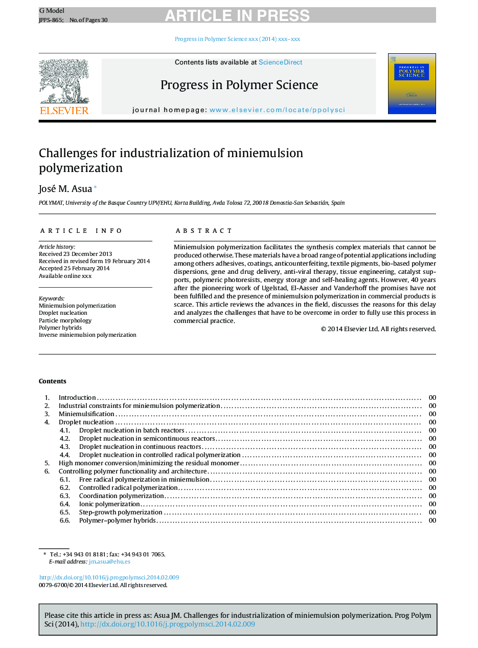 Challenges for industrialization of miniemulsion polymerization