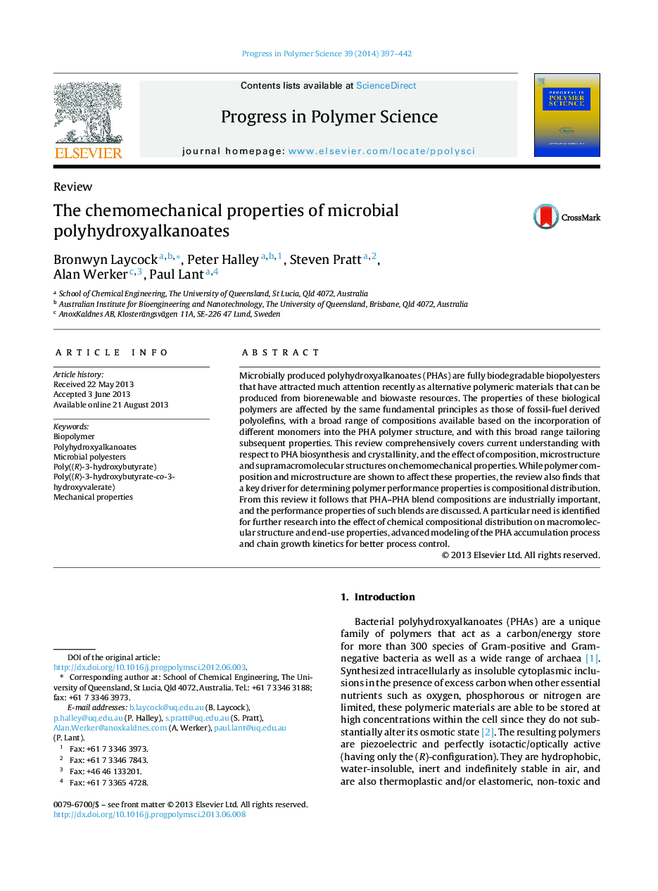 ReviewThe chemomechanical properties of microbial polyhydroxyalkanoates