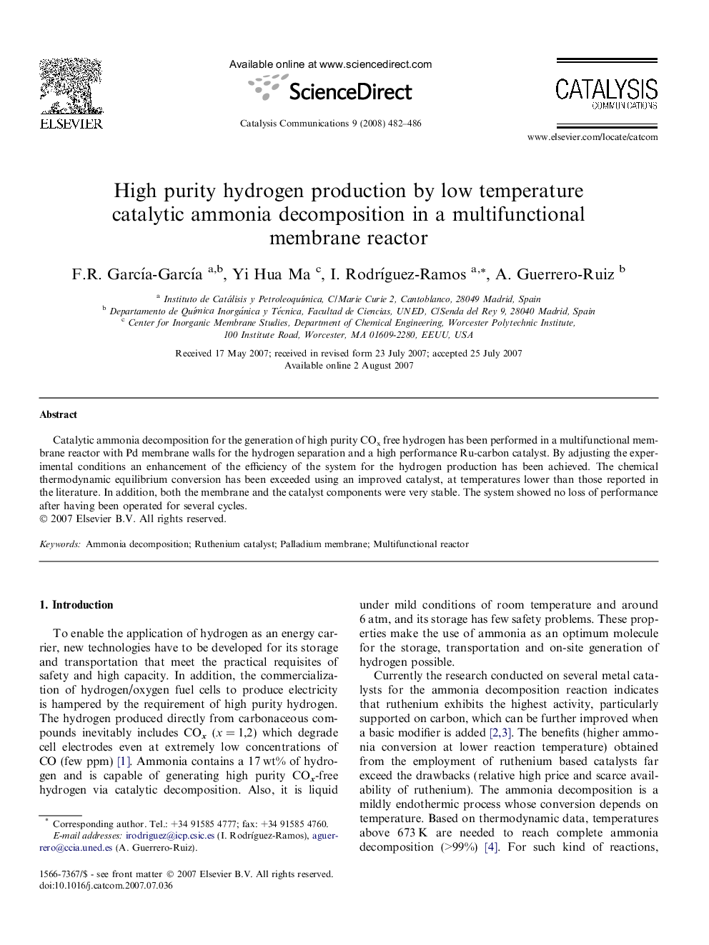 High purity hydrogen production by low temperature catalytic ammonia decomposition in a multifunctional membrane reactor