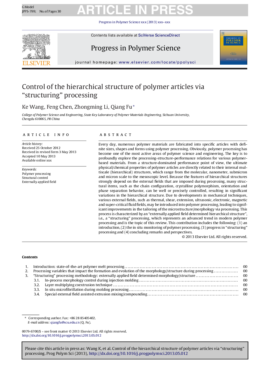 عکس صفحه اول مقاله: Control of the hierarchical structure of polymer articles via “structuring” processing Control of the hierarchical structure of polymer articles via “structuring” processing