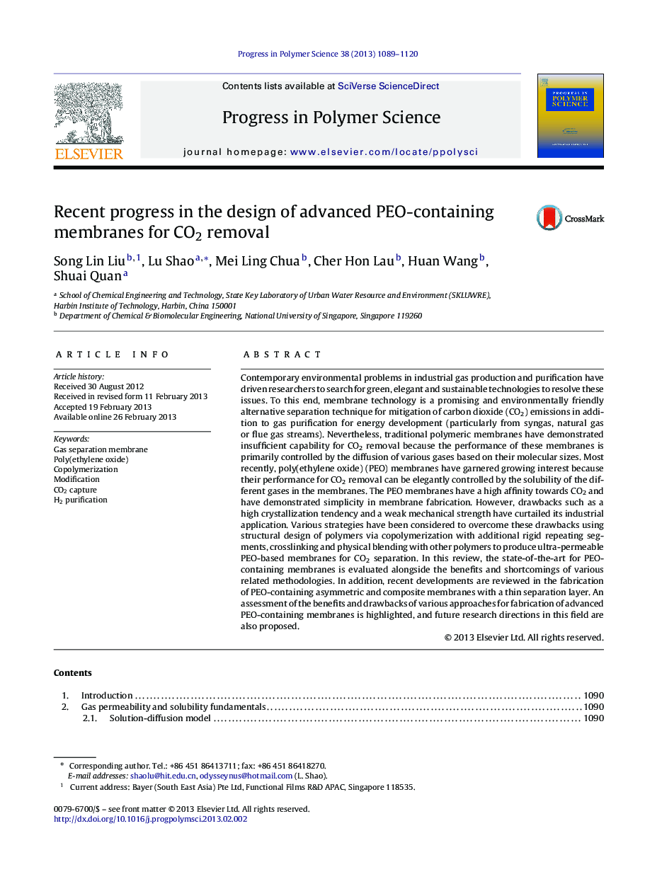 Recent progress in the design of advanced PEO-containing membranes for CO2 removal