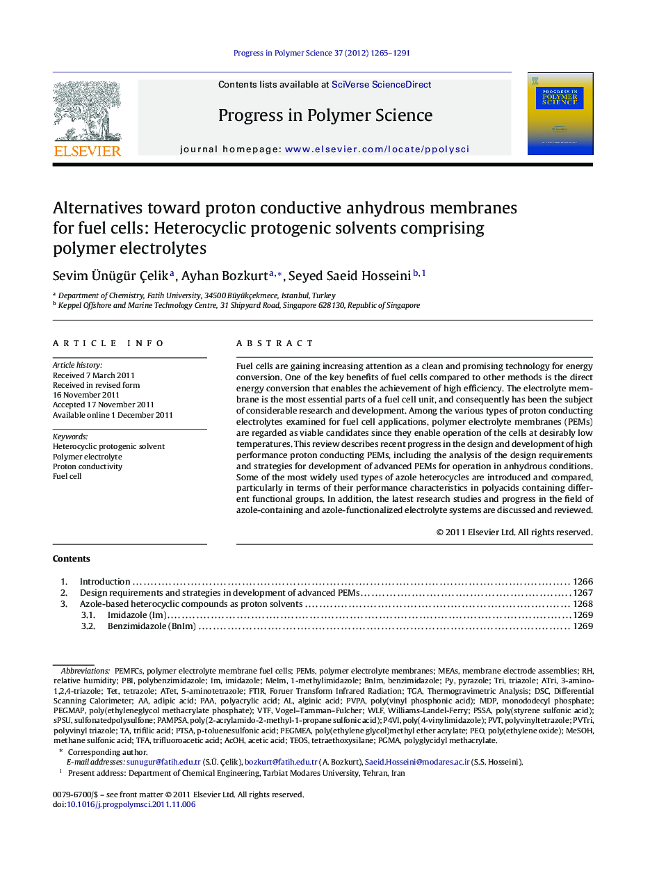 Alternatives toward proton conductive anhydrous membranes for fuel cells: Heterocyclic protogenic solvents comprising polymer electrolytes