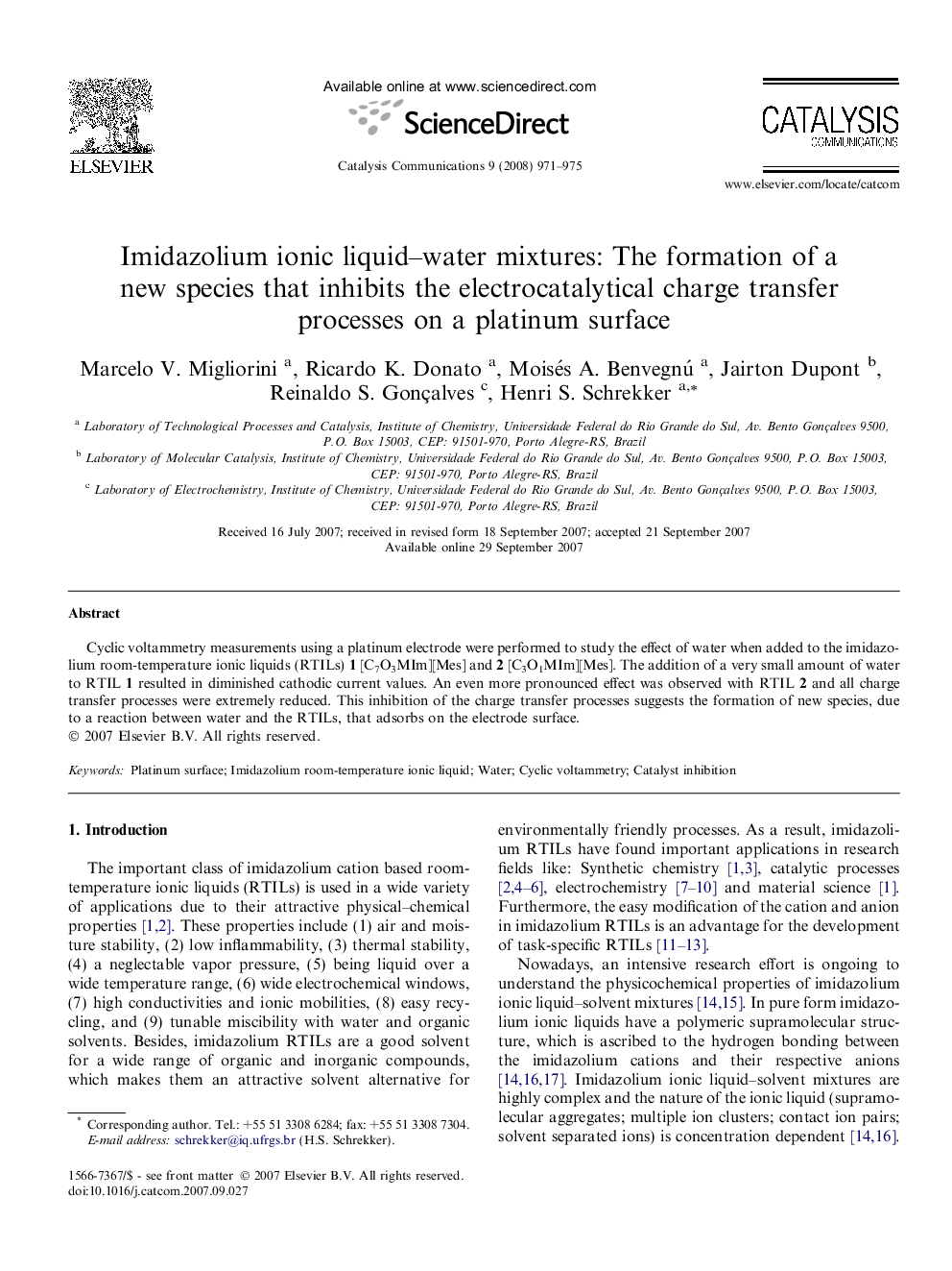 Imidazolium ionic liquid–water mixtures: The formation of a new species that inhibits the electrocatalytical charge transfer processes on a platinum surface