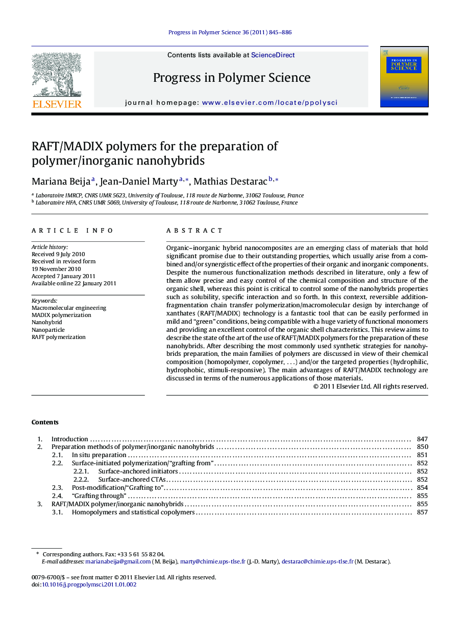 RAFT/MADIX polymers for the preparation of polymer/inorganic nanohybrids