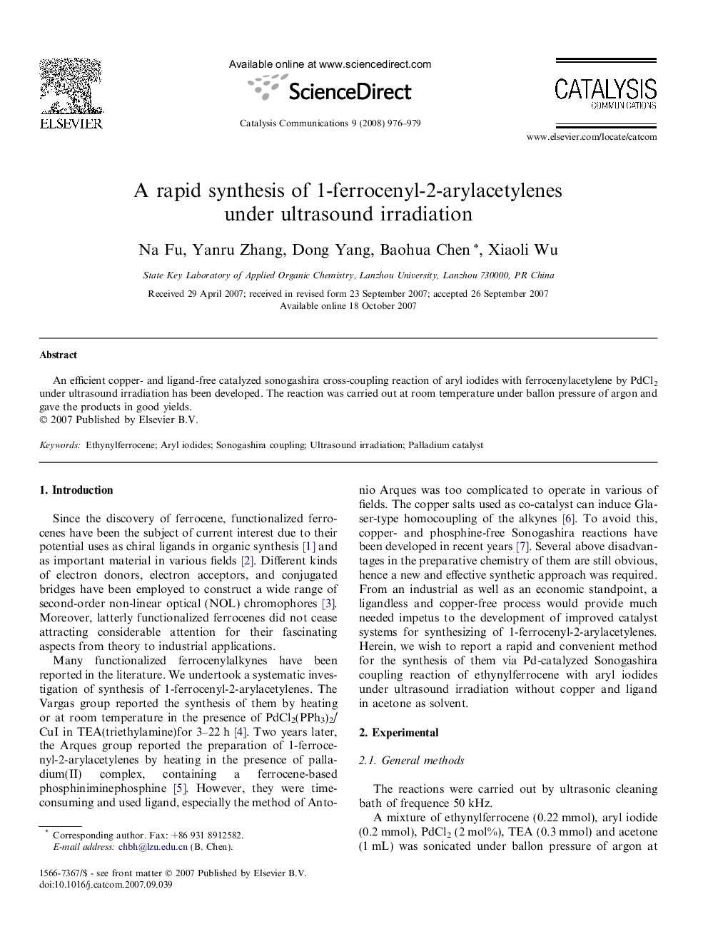 A rapid synthesis of 1-ferrocenyl-2-arylacetylenes under ultrasound irradiation