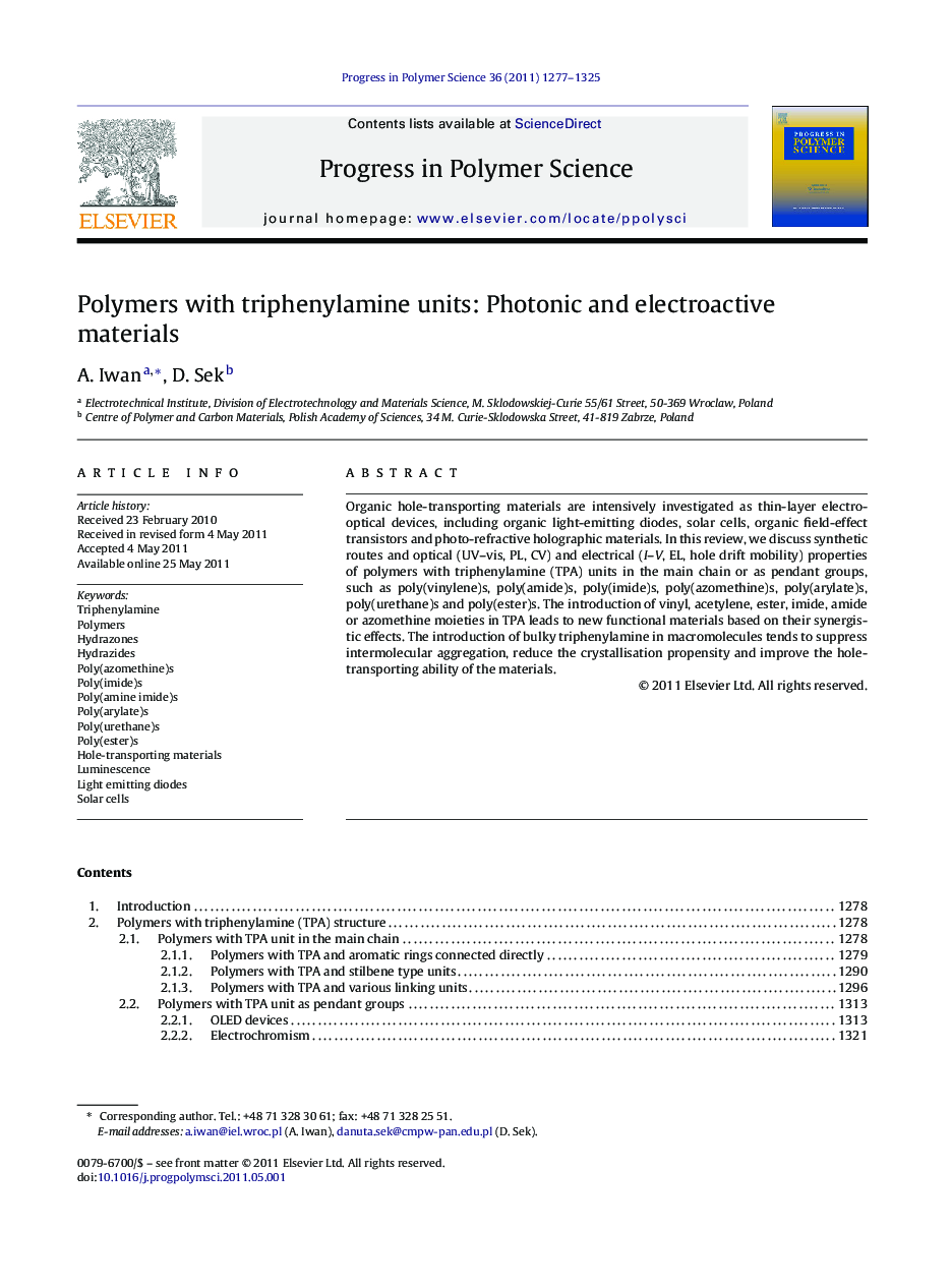 Polymers with triphenylamine units: Photonic and electroactive materials