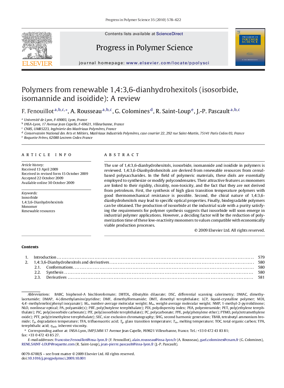 Polymers from renewable 1,4:3,6-dianhydrohexitols (isosorbide, isomannide and isoidide): A review