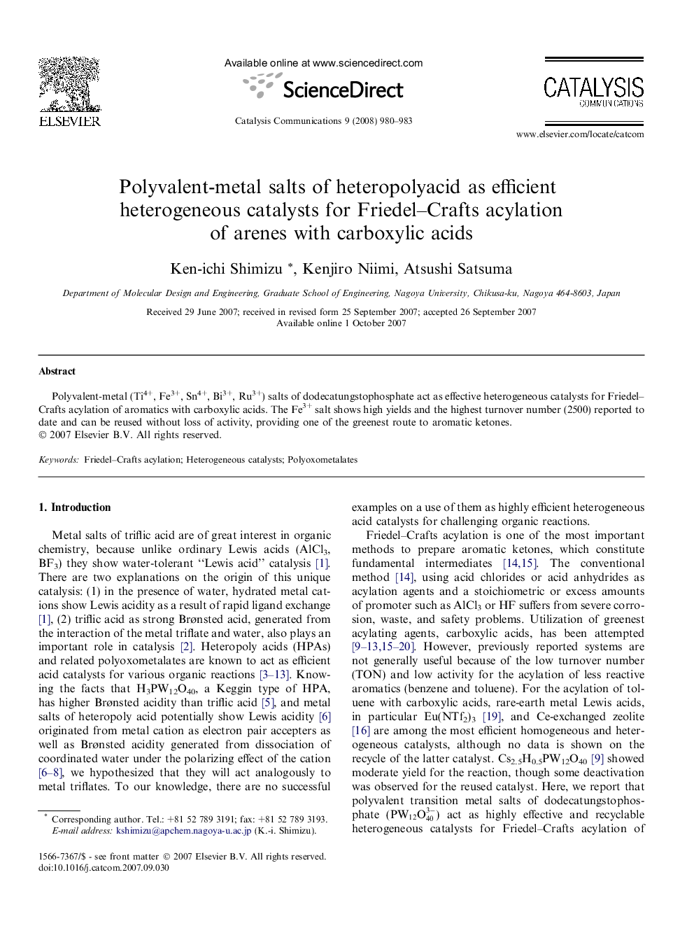 Polyvalent-metal salts of heteropolyacid as efficient heterogeneous catalysts for Friedel–Crafts acylation of arenes with carboxylic acids