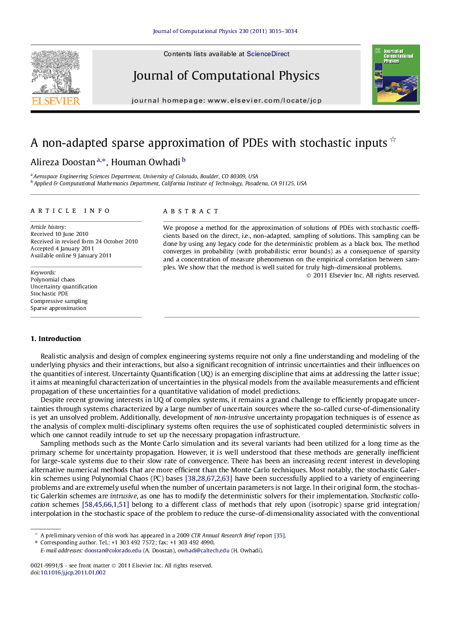 A non-adapted sparse approximation of PDEs with stochastic inputs 