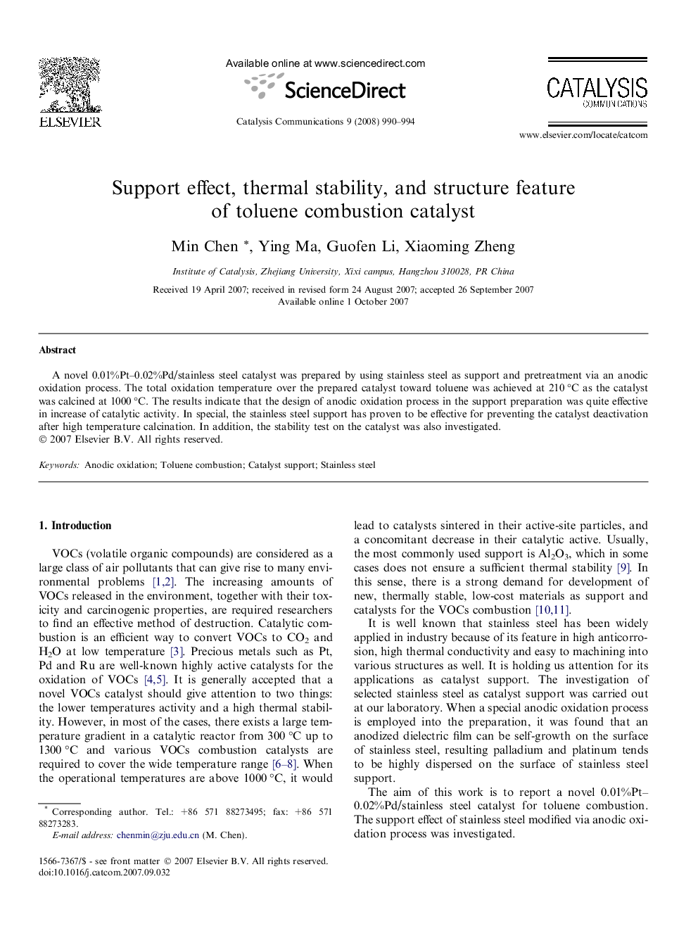 Support effect, thermal stability, and structure feature of toluene combustion catalyst