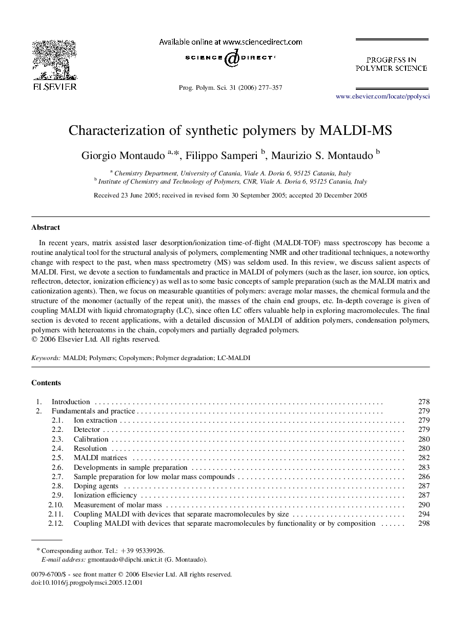 Characterization of synthetic polymers by MALDI-MS