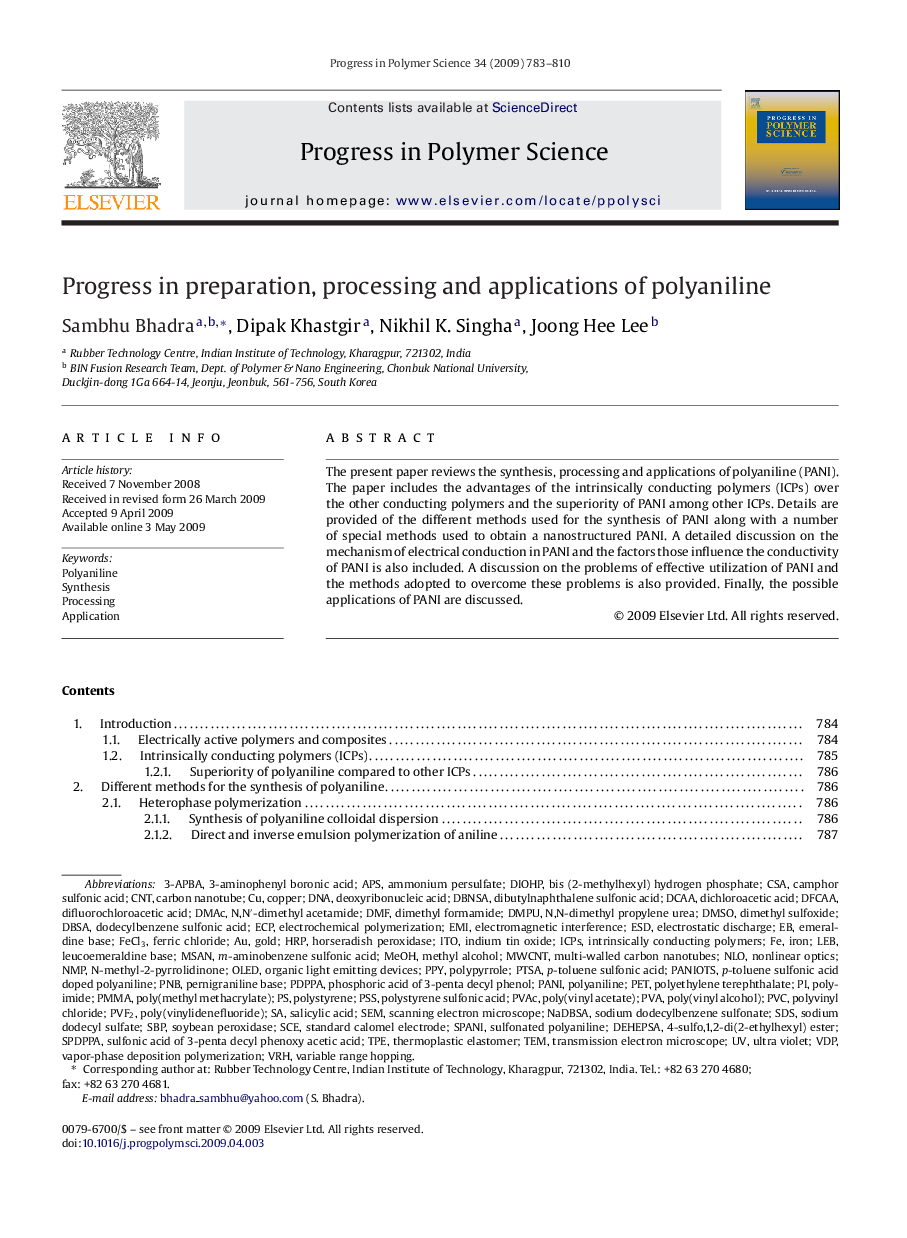 Progress in preparation, processing and applications of polyaniline