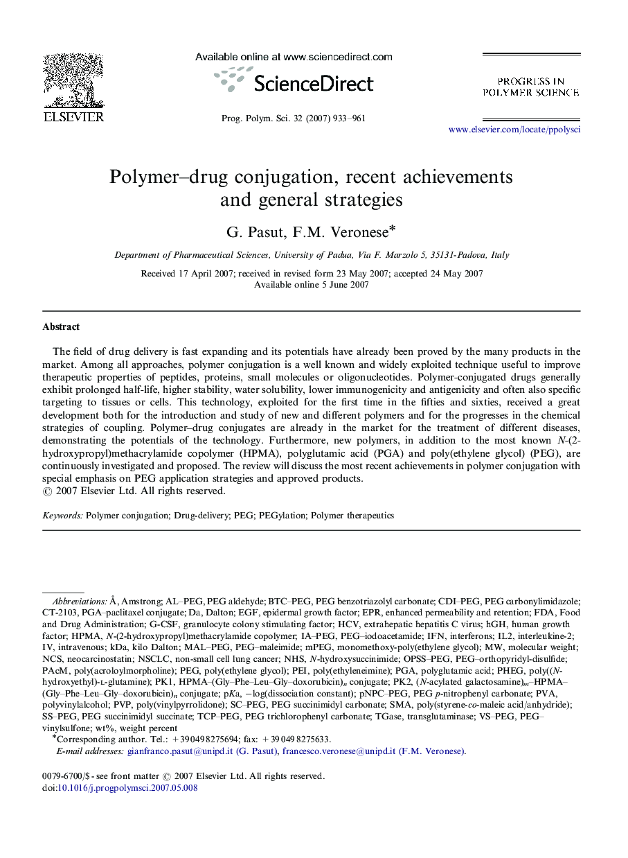 Polymer-drug conjugation, recent achievements and general strategies