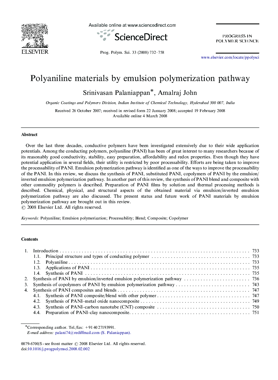 Polyaniline materials by emulsion polymerization pathway