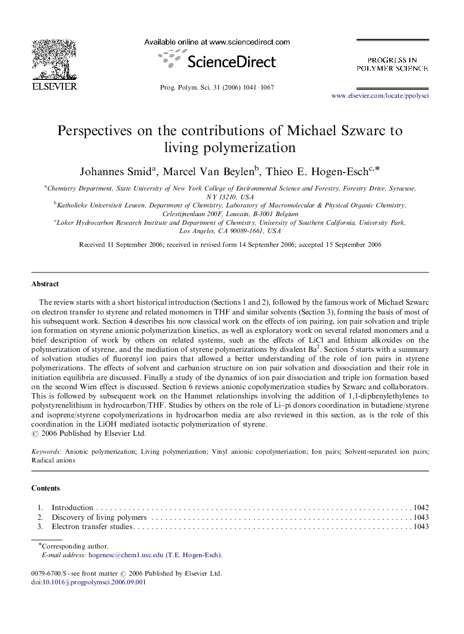 Perspectives on the contributions of Michael Szwarc to living polymerization