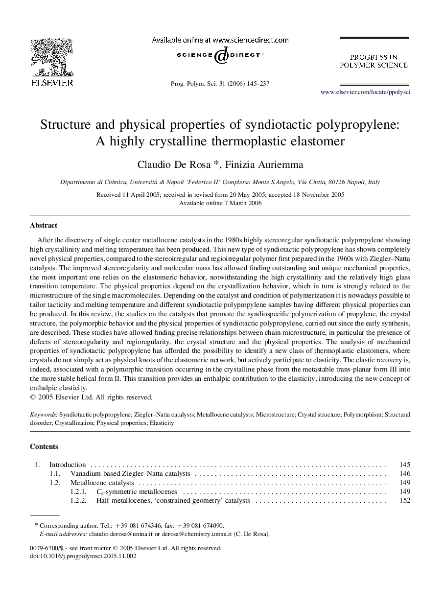 Structure and physical properties of syndiotactic polypropylene: A highly crystalline thermoplastic elastomer