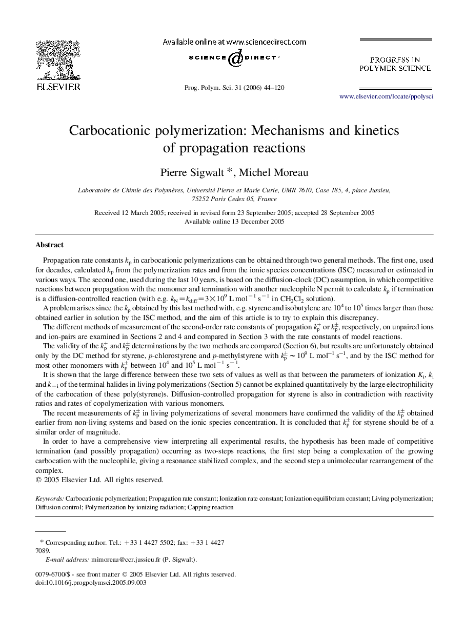 Carbocationic polymerization: Mechanisms and kinetics of propagation reactions