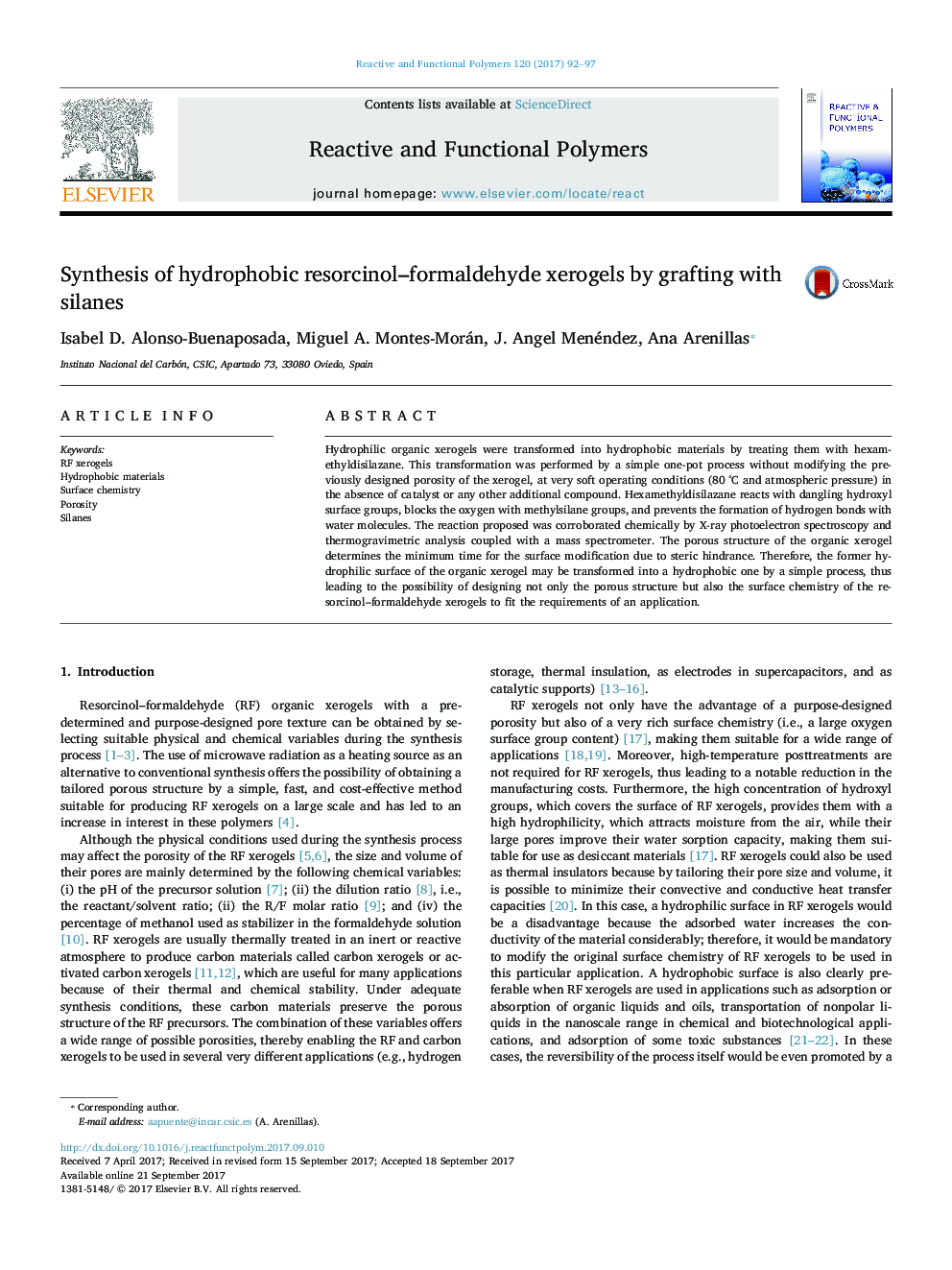 Synthesis of hydrophobic resorcinol-formaldehyde xerogels by grafting with silanes