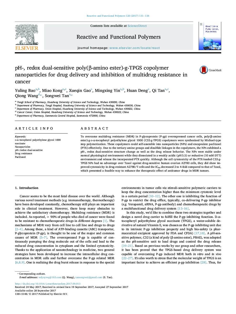 pH-, redox dual-sensitive poly(Î²-amino ester)-g-TPGS copolymer nanoparticles for drug delivery and inhibition of multidrug resistance in cancer