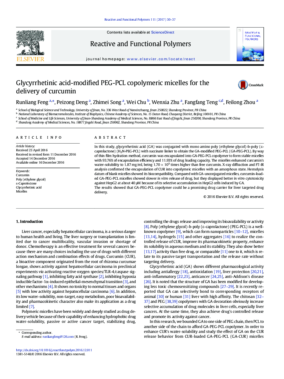 Glycyrrhetinic acid-modified PEG-PCL copolymeric micelles for the delivery of curcumin