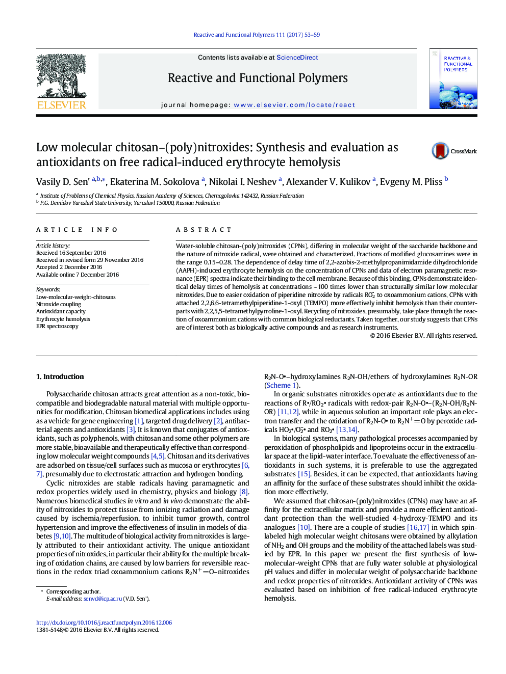 Low molecular chitosan-(poly)nitroxides: Synthesis and evaluation as antioxidants on free radical-induced erythrocyte hemolysis