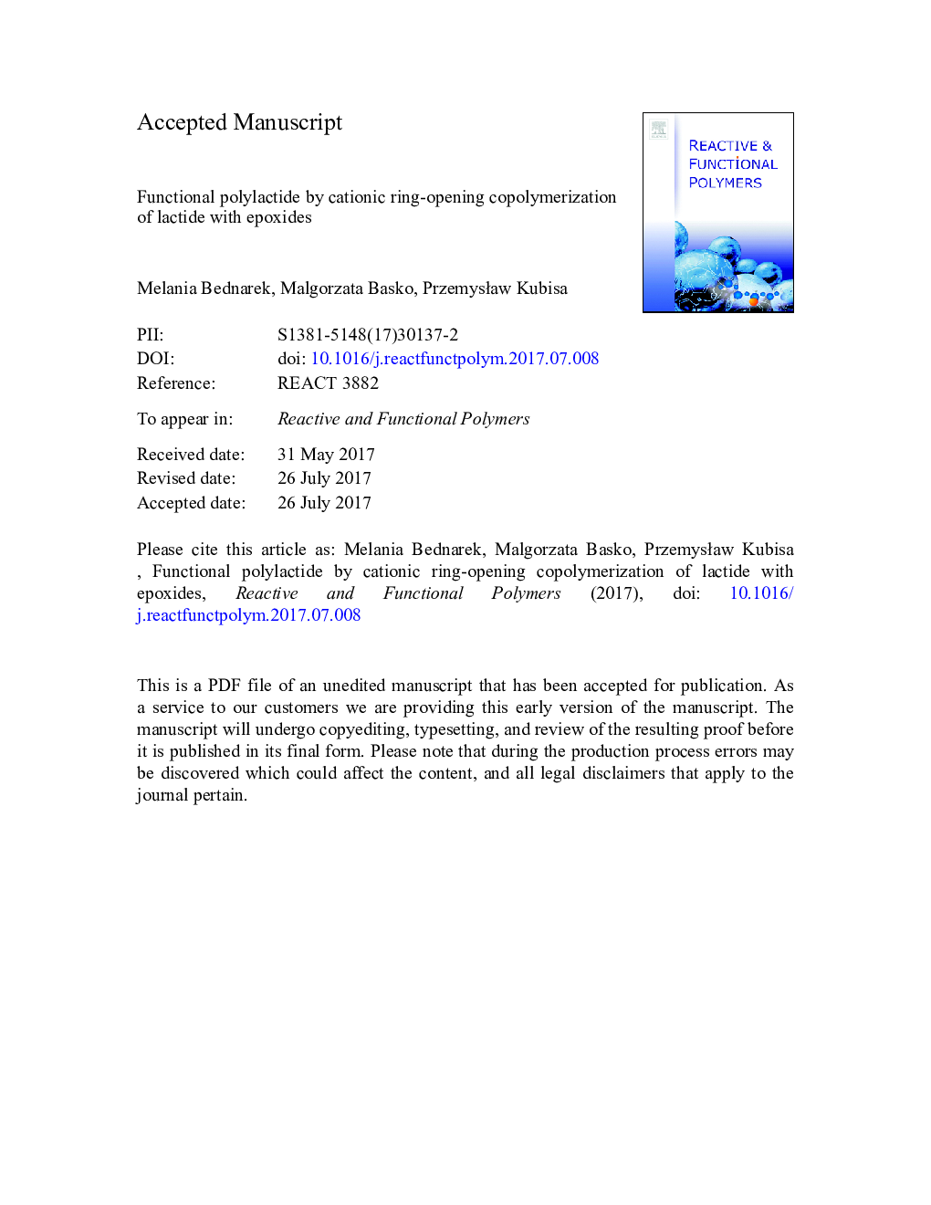 عکس صفحه اول مقاله: Functional polylactide by cationic ring-opening copolymerization of lactide with epoxides Functional polylactide by cationic ring-opening copolymerization of lactide with epoxides