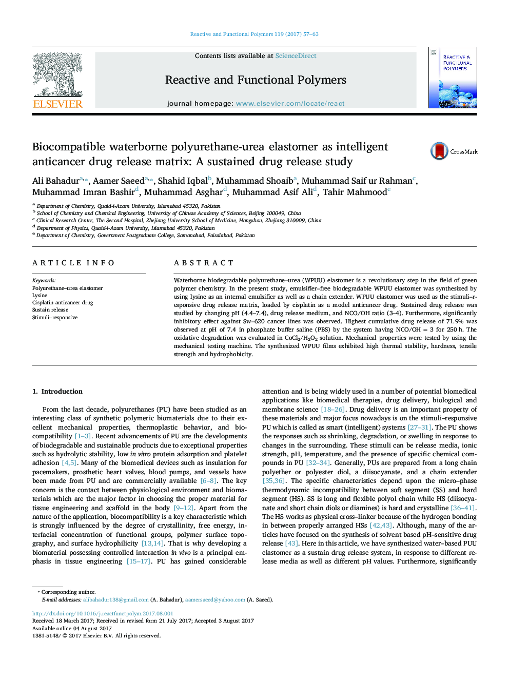 بیو سازگار با پلی اورتان اوره الاستومر به عنوان ماتریکس آزادی دارویی ضد سرطانی هوشمند: یک مطالعه آزمایشی طولانی مدت 