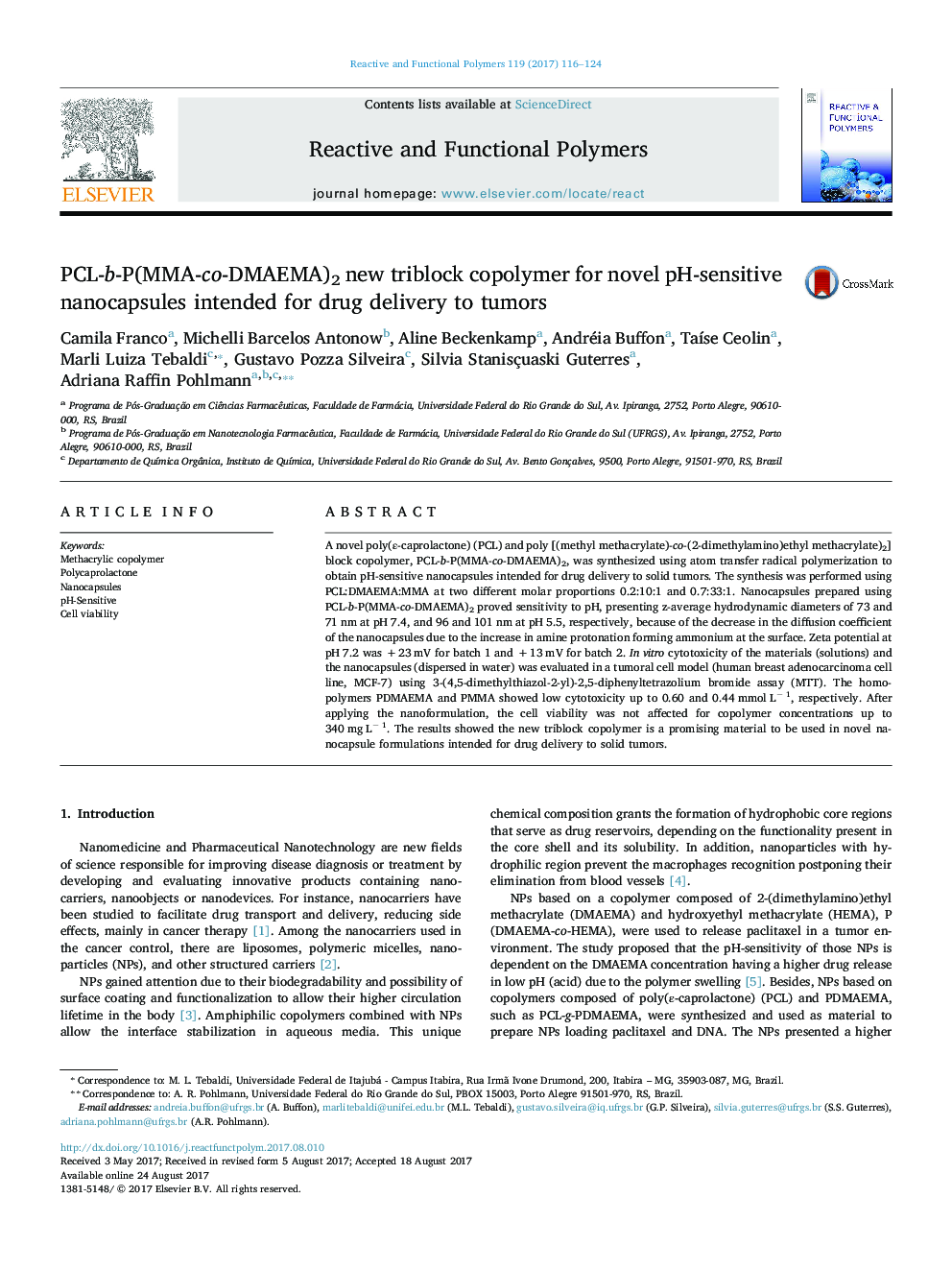 PCL-b-P(MMA-co-DMAEMA)2 new triblock copolymer for novel pH-sensitive nanocapsules intended for drug delivery to tumors