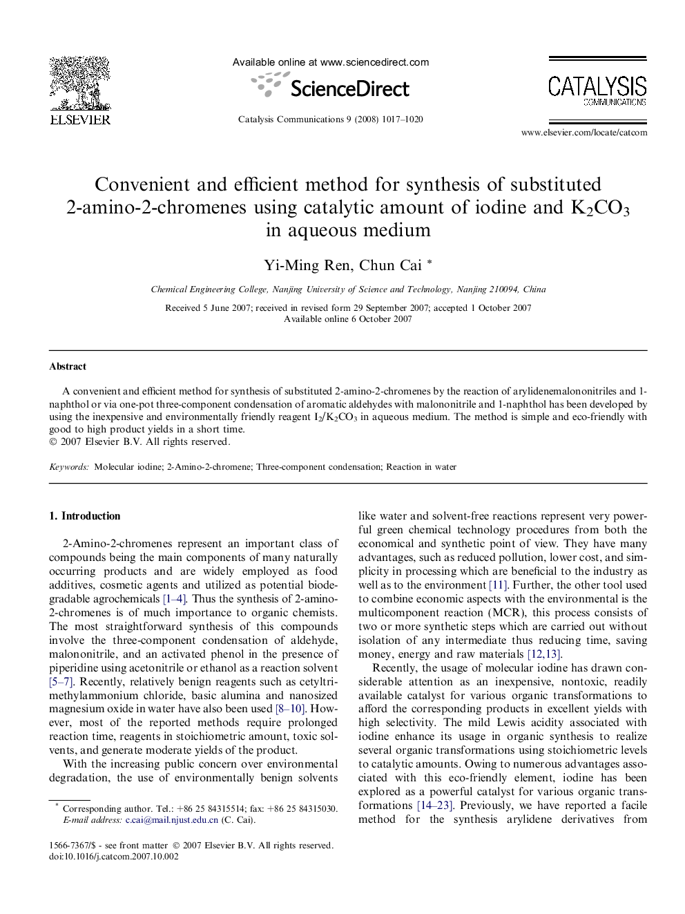 Convenient and efficient method for synthesis of substituted 2-amino-2-chromenes using catalytic amount of iodine and K2CO3 in aqueous medium