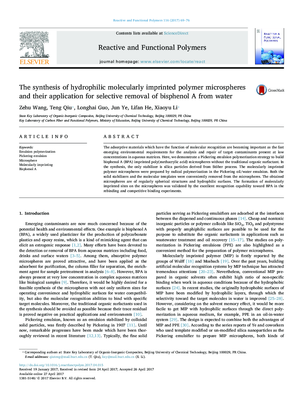 The synthesis of hydrophilic molecularly imprinted polymer microspheres and their application for selective removal of bisphenol A from water